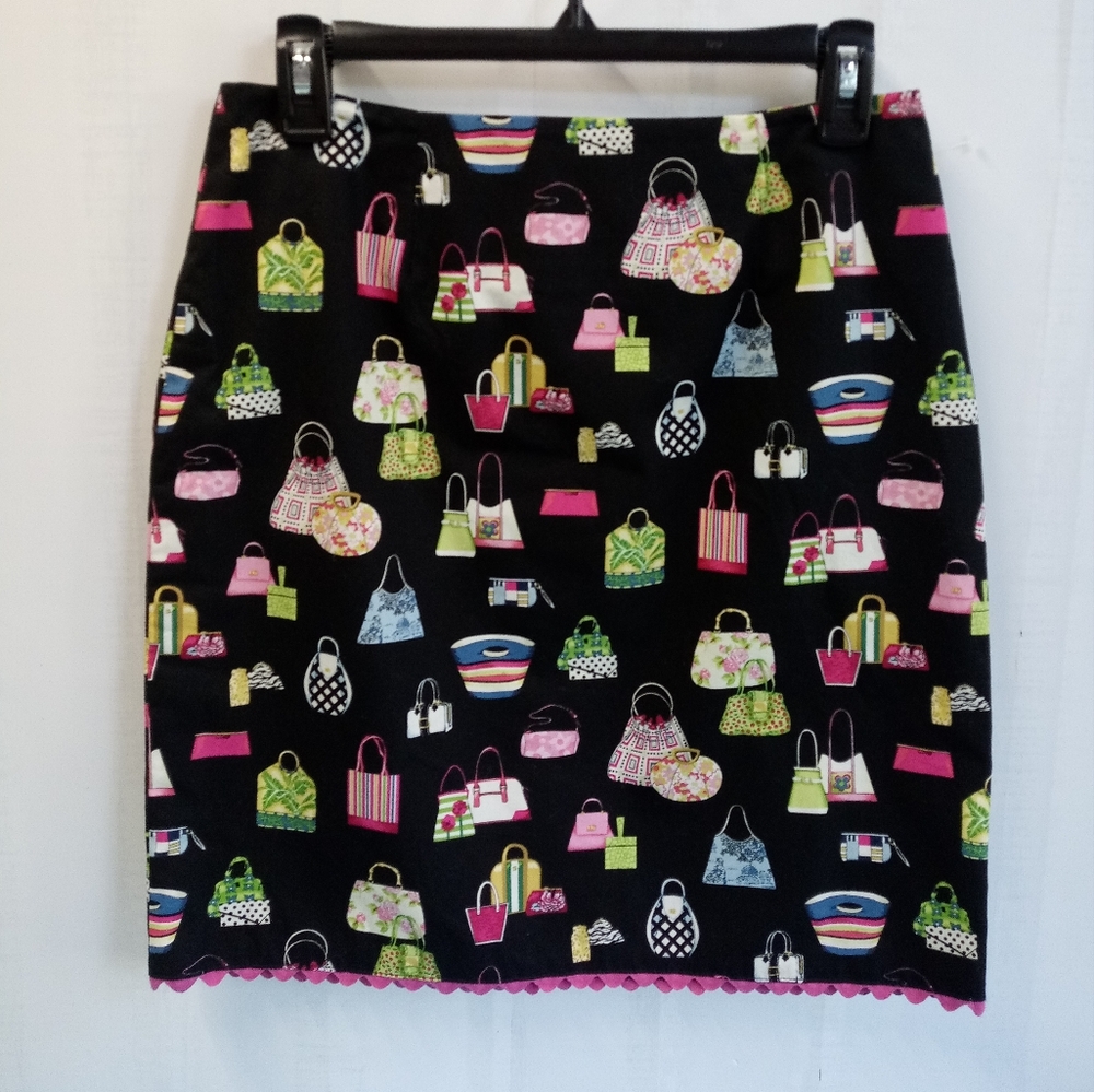 NWT Skirtin Around Women's Black Pencil Skirt Fashion Bags Print Size 10